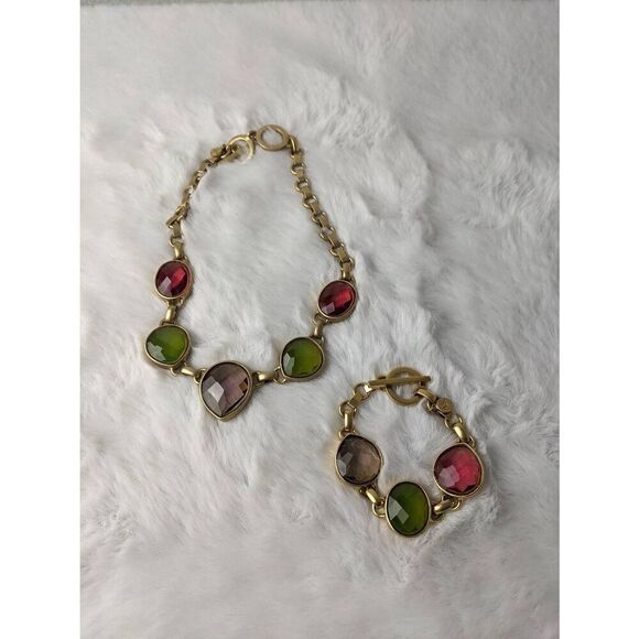 Anne Klein Vintage Chunky Bright gem Necklace and Bracelet set Green Red - Picture 1 of 8